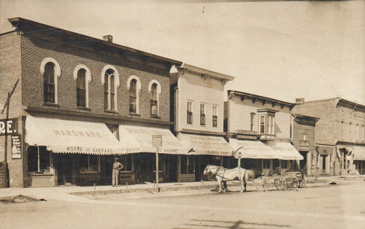 1909  Real Photo Main Street ? Freeport  Michigan MI Postcard Horse Wagon