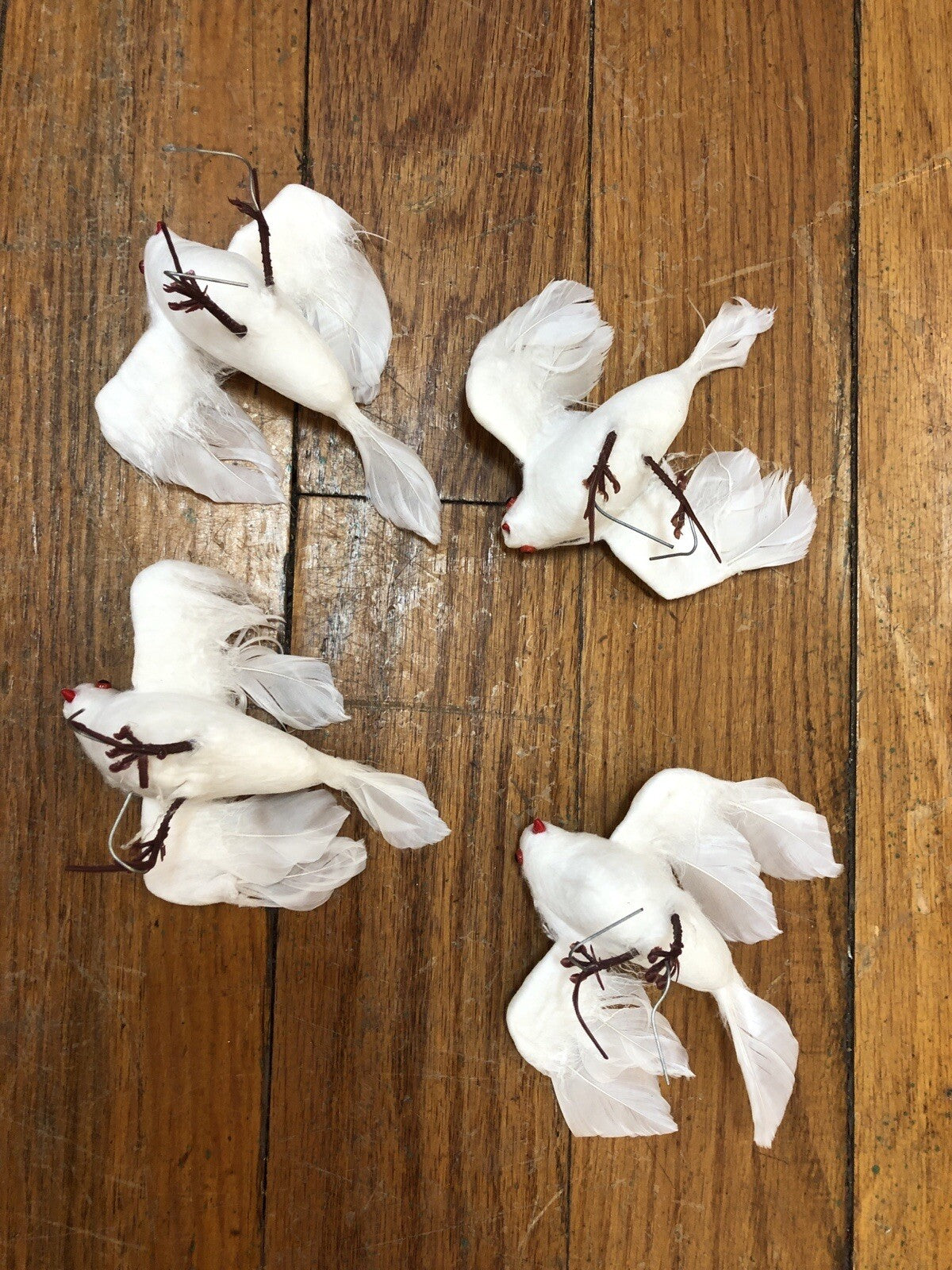 Vintage Christmas Wired DOVES Birds White Real Feathers Holiday Flocked