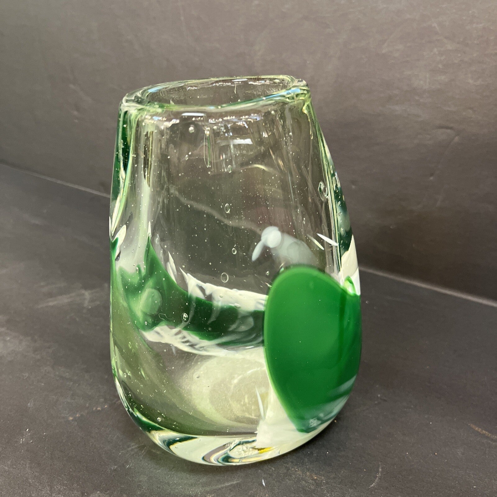 Italian Murano Art Glass Vase, 7" Green/white Hand Blown