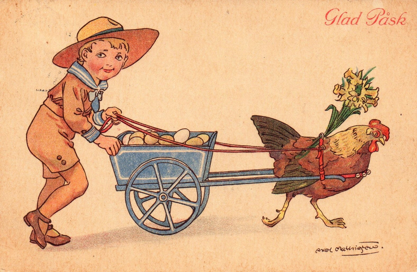 Glad Pask Axel Mathiesen Sweden Artist Boy Rooster pull cart Easter Postcard