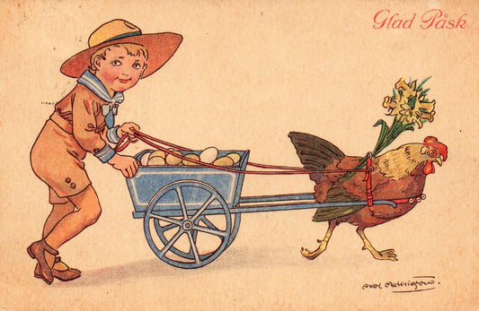 Glad Pask Axel Mathiesen Sweden Artist Boy Rooster pull cart Easter Postcard
