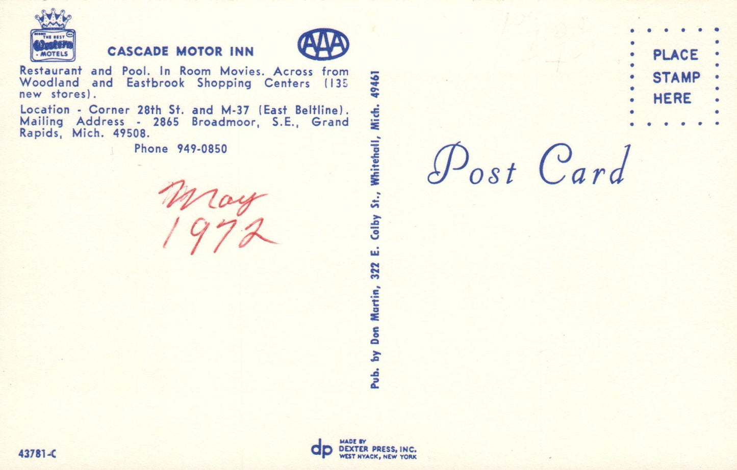 Cascade Motor Inn, Grand Rapids Michigan Mich. MI Postcard