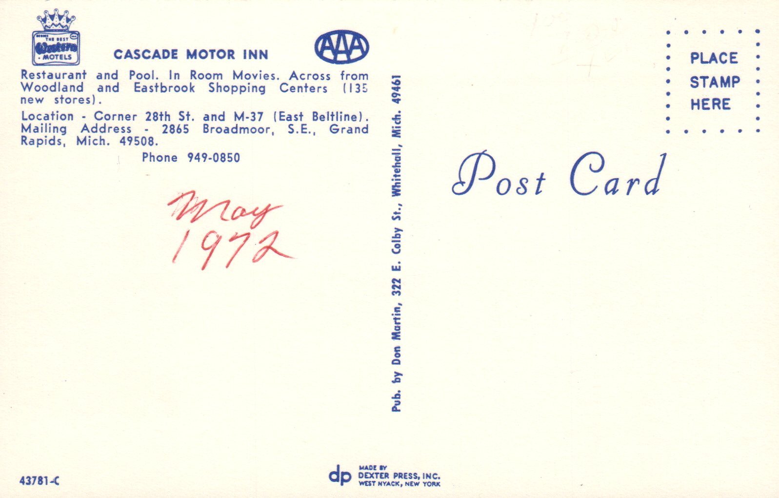 Cascade Motor Inn, Grand Rapids Michigan Mich. MI Postcard