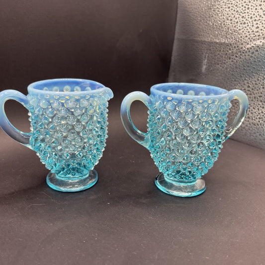 Fenton Glass Blue Opalescent Hobnail Creamer Sugar Bowl Set Lot Handle 3.5 Inch