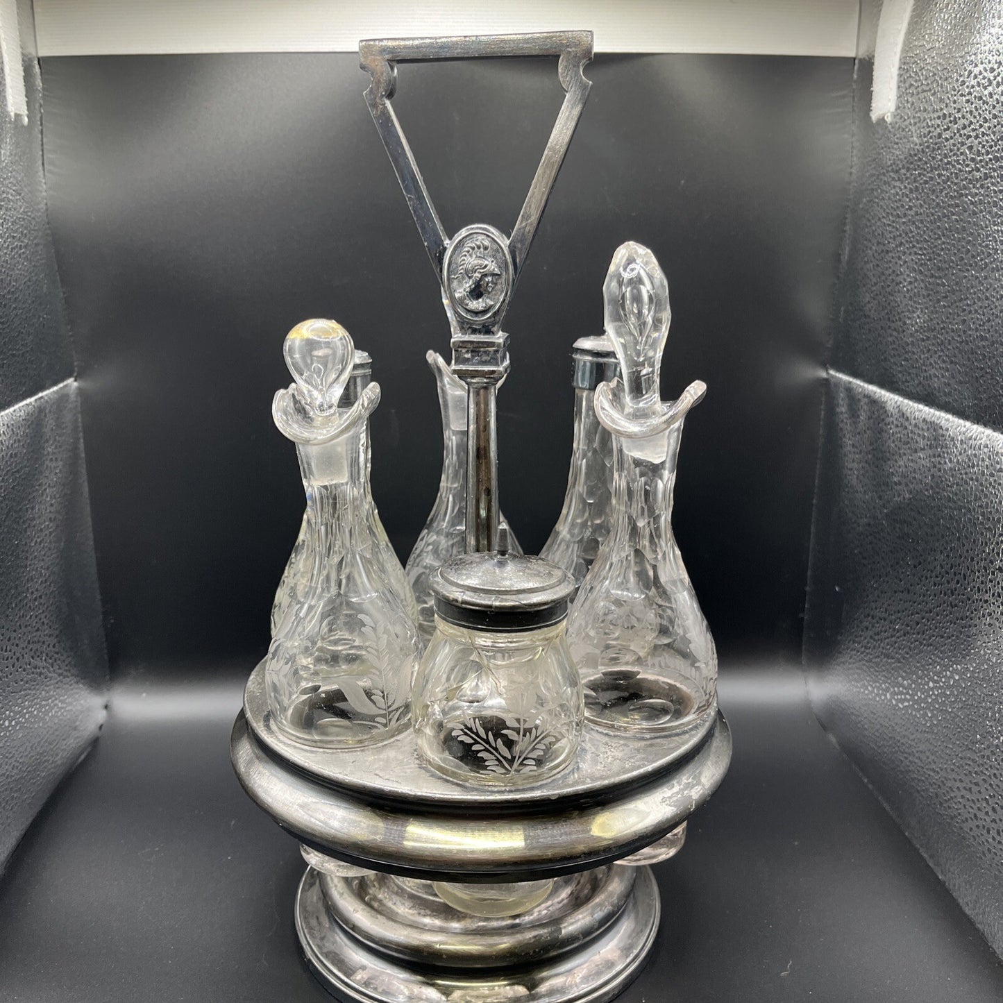 Vintage 6 Pc Condiment castor w/ Etched Glass 14.25"H.