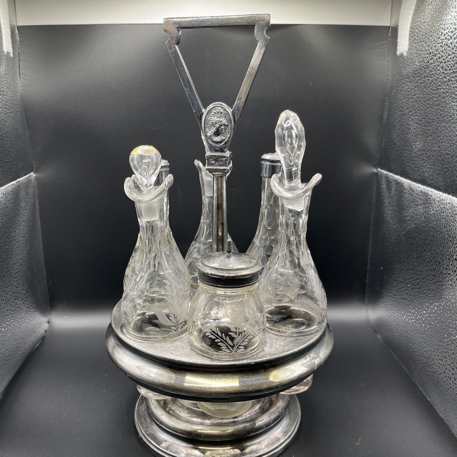 Vintage 6 Pc Condiment castor w/ Etched Glass 14.25"H.