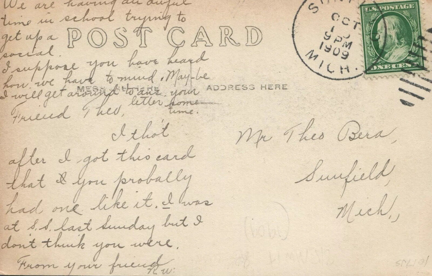 Sunfield Mich MI Michigan 156-C8 Old School House Real Photo Vintage Postcard 