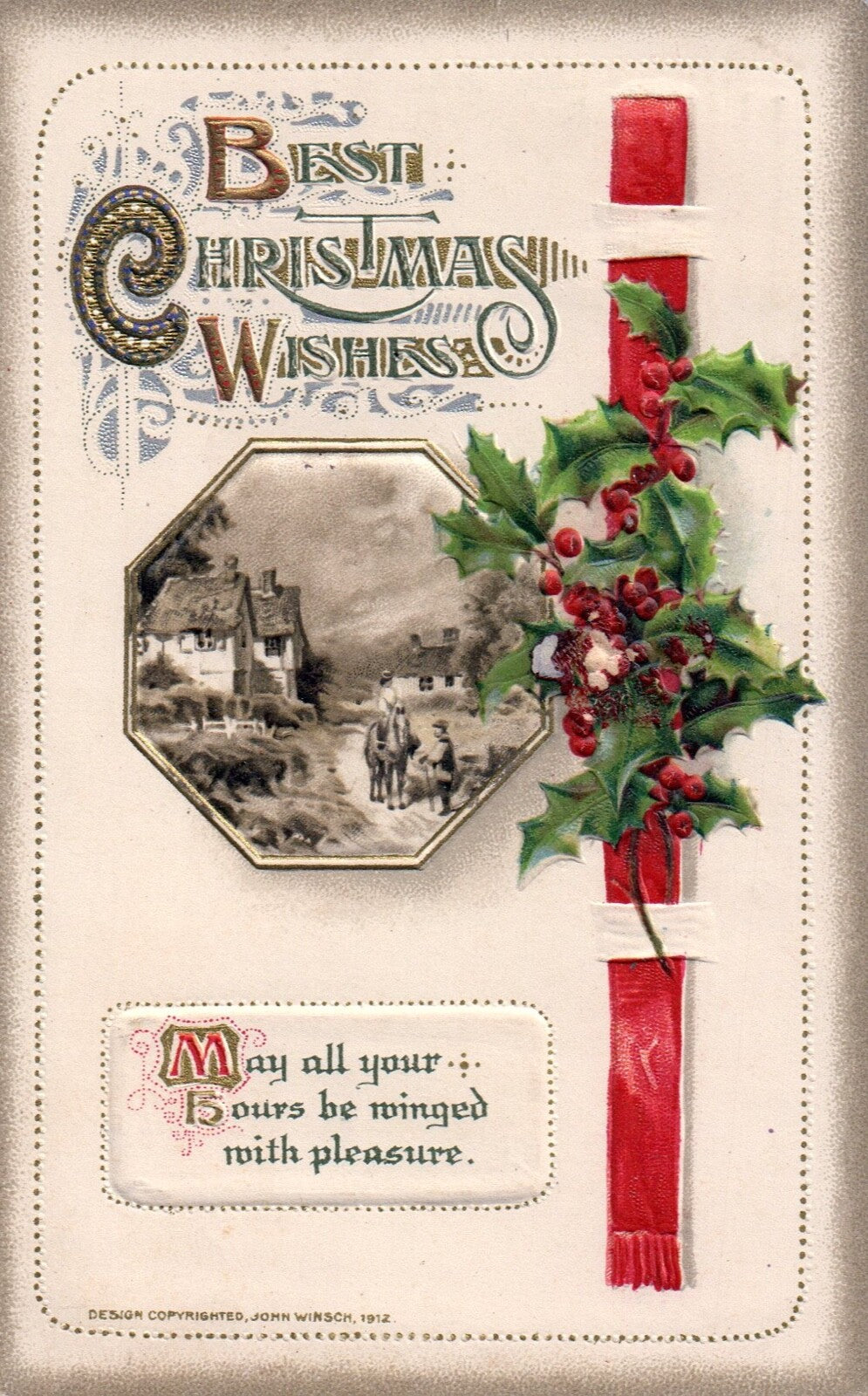 John Winsch Best Christmas Wishes Snowy Village with Horse Vintage Postcard