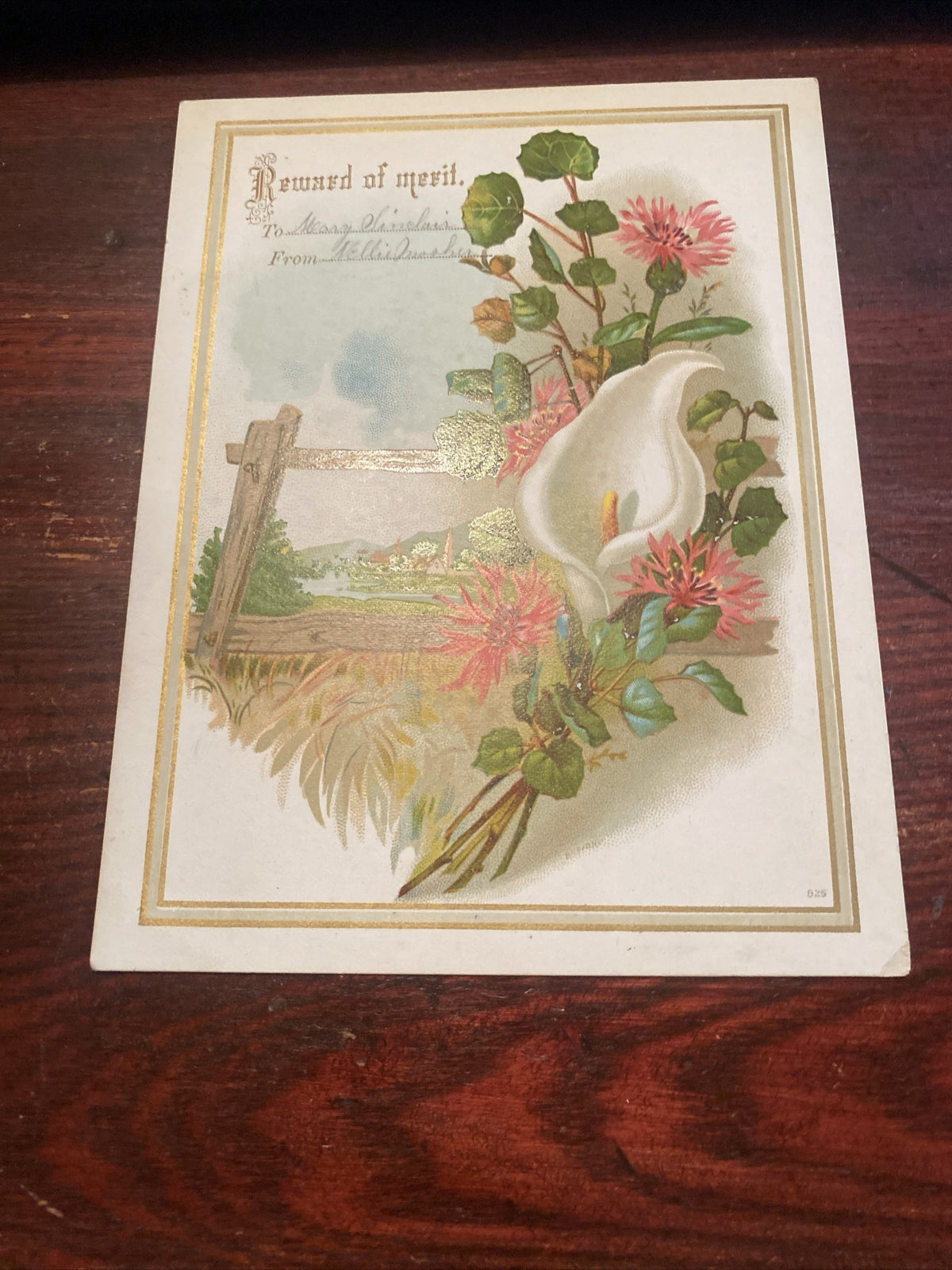 Reward of merit Vintage Victorian School Ephemera Lily Flower Split Rail Fence