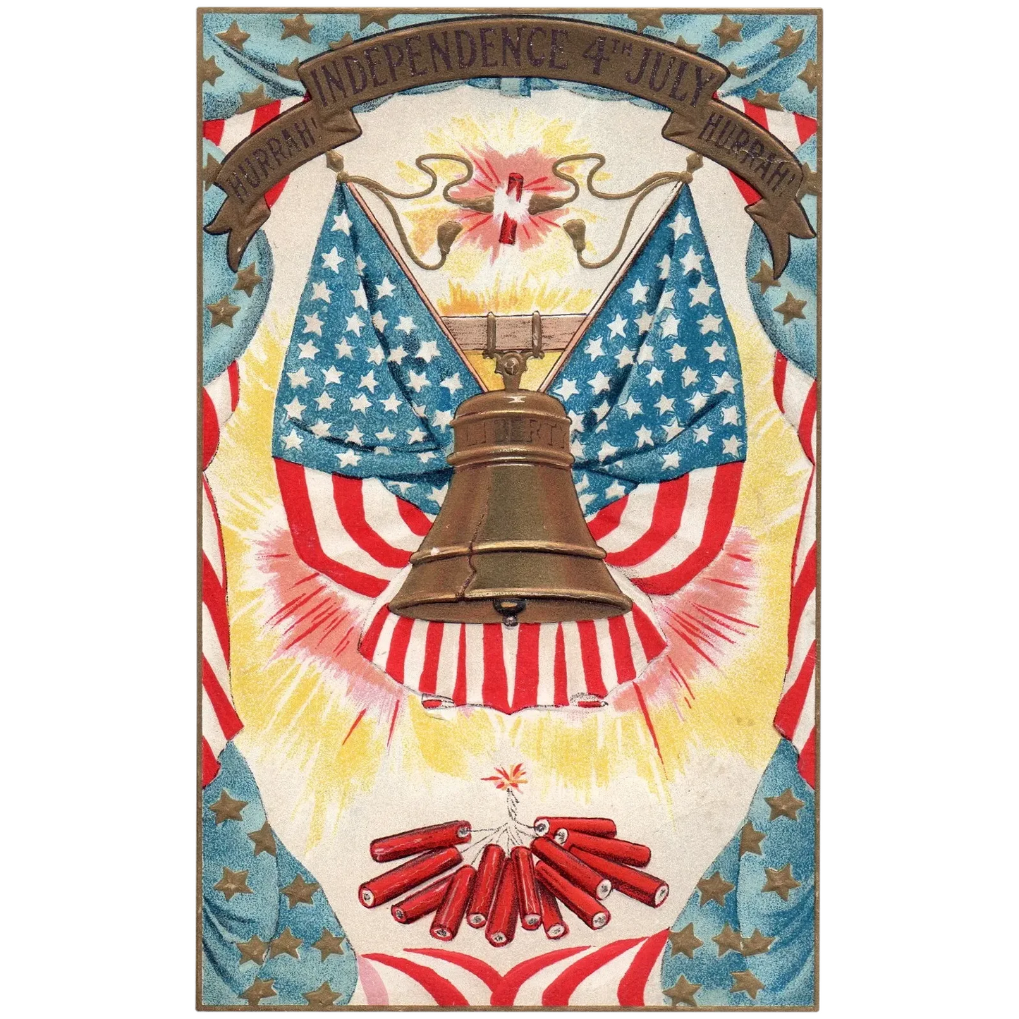 Liberty Bell & Fireworks Hurrah Independence 4th July Vintage Patriotic Postcard