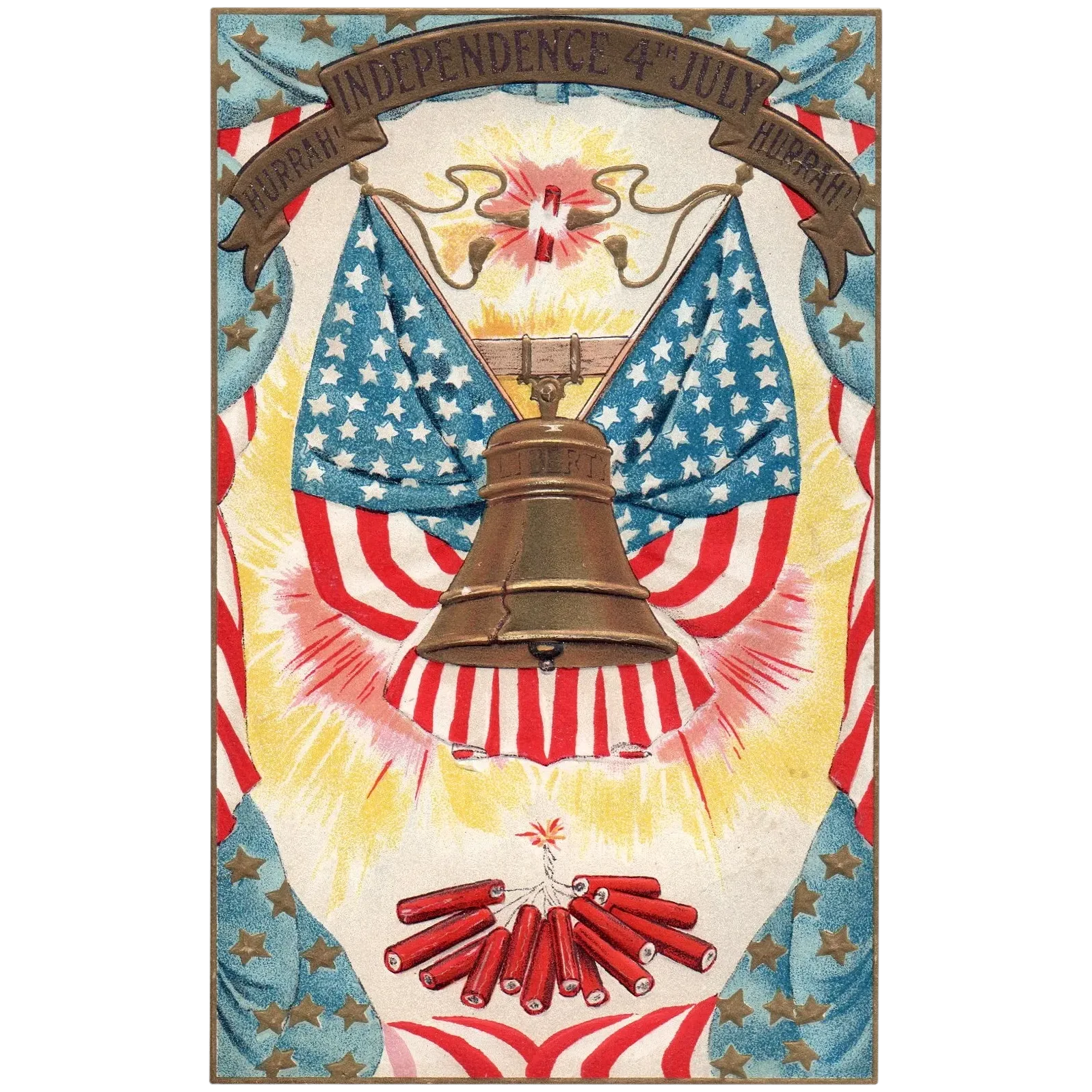 Liberty Bell & Fireworks Hurrah Independence 4th July Vintage Patriotic Postcard
