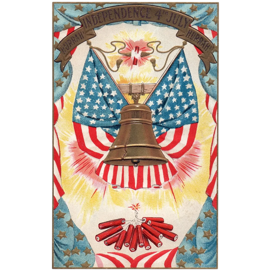 Liberty Bell & Fireworks Hurrah Independence 4th July Vintage Patriotic Postcard