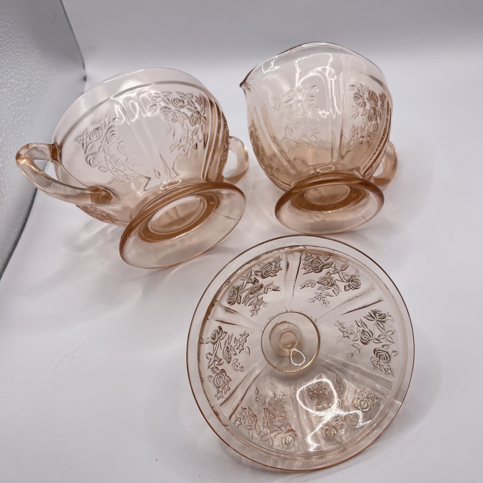 Federal Glass SHARON "Cabbage Rose" Pink Sugar Bowl w lid and pedestal MINT COND