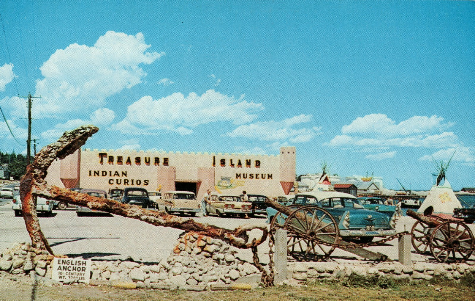  Treasure Island St Ignace Mich Michigan MI postcard Anchor Tee Pees old Cars