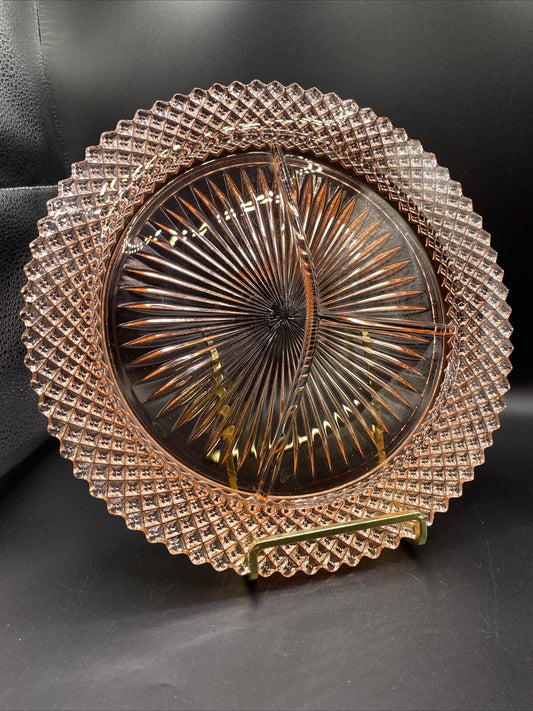 Vintage Anchor Hockin MISS AMERICA PINK DEPRESSION GLASS DIVIDED GRILL PLATE 10"