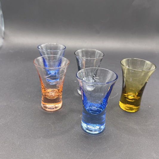 Barware VTG Shot Glass Set Of 5 Pastel Colored Bottoms Multi Color. 3.5" Tall
