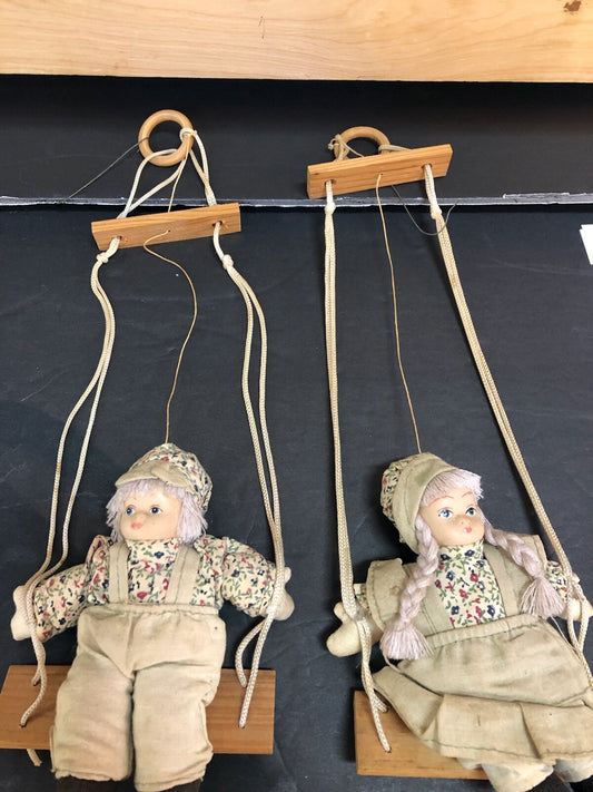 2 Lidco Swinging Doll Porcelain Face Marionette/Wood Swings On Swing Boy Girl  
