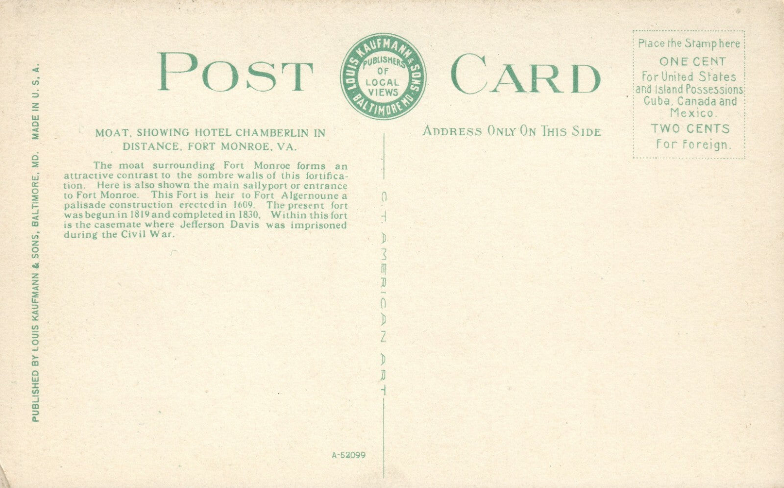 Moat Showing Hotel Chamberlain In Distance Fort Monroe VA Virginia  Postcard