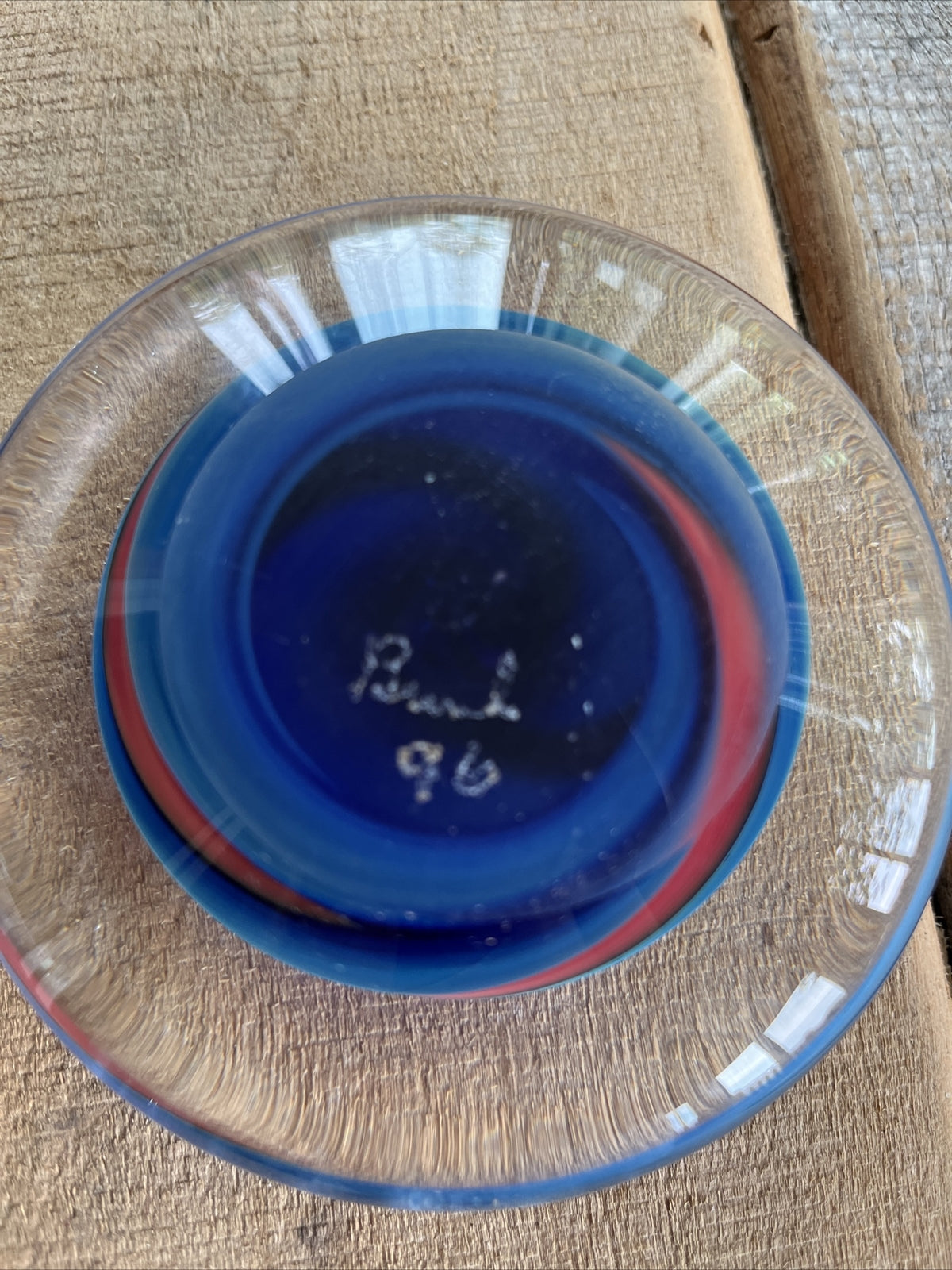 Robert Burch Glass Round Flat Multicolor Dome Center Bubble Paperweight Signed