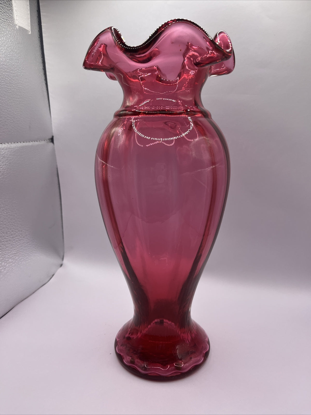 Fenton Art Glass Cranberry Vertical Line Vase Ruffled Edge 10.75”Pristine!