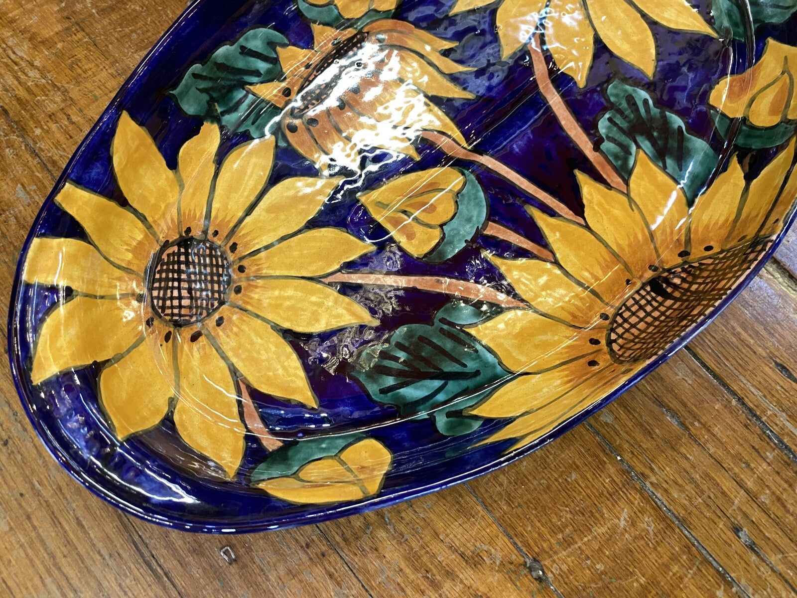 vintage Terracotta Pottery Mexican Talavera 1980's Cobalt Blue Sunflower Platter