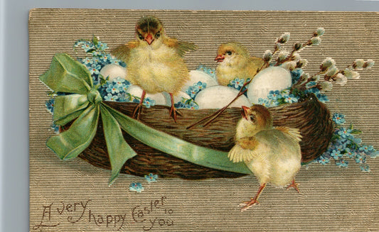 A Very happy Easter to you Chicks in Basket Forget Me Not Flowers Postcard