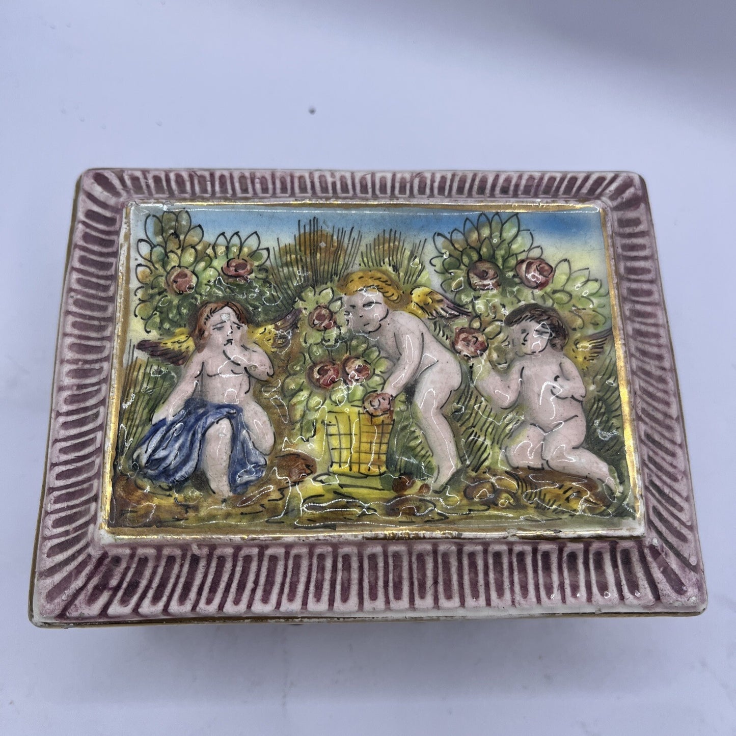 Vintage Capodimonte Porcelain Lidded Trinket Dish with High Relief Cherubs