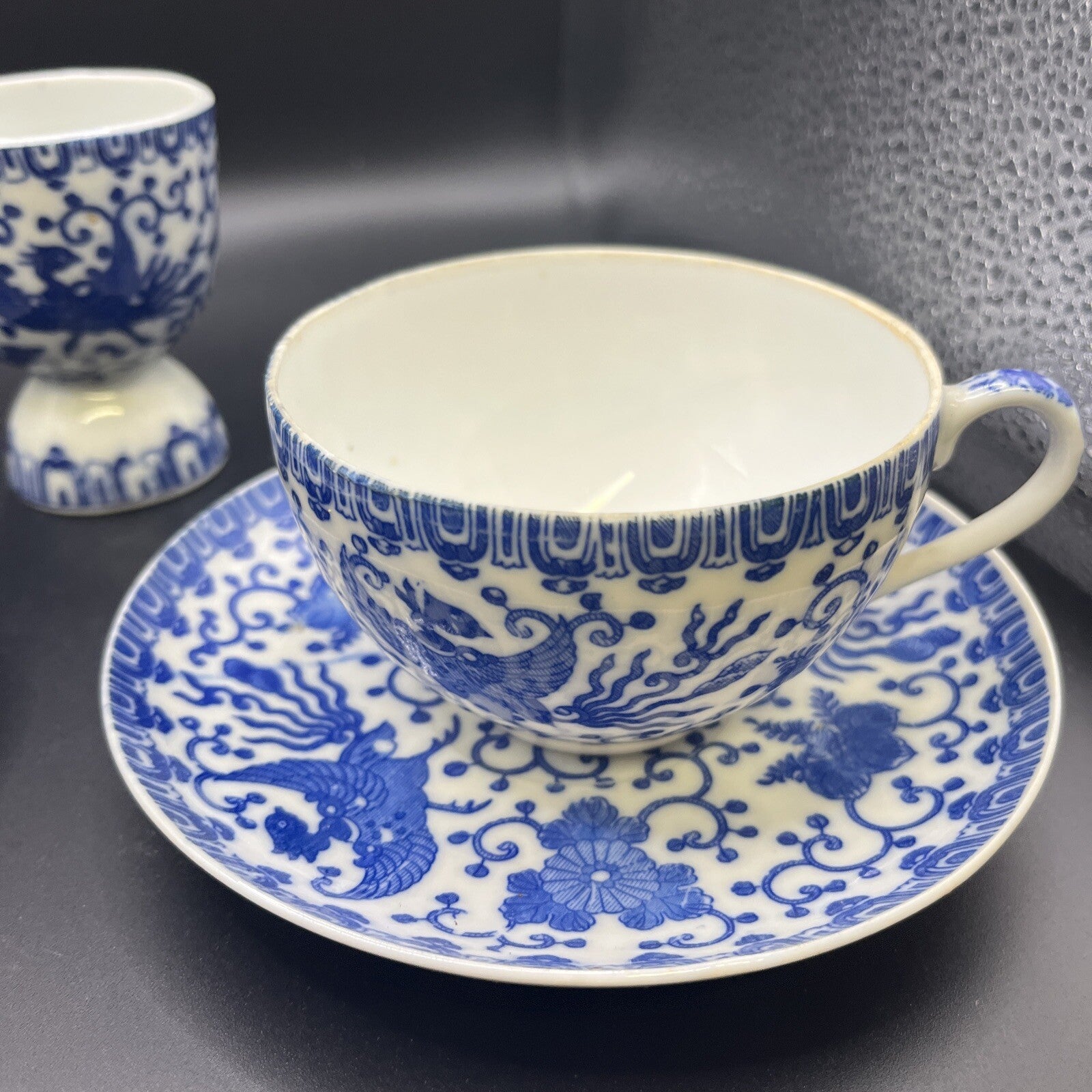 Vintage 2 Blue Chintz Phoenix Bird Cup & Saucer & Egg Cup Made in Japan