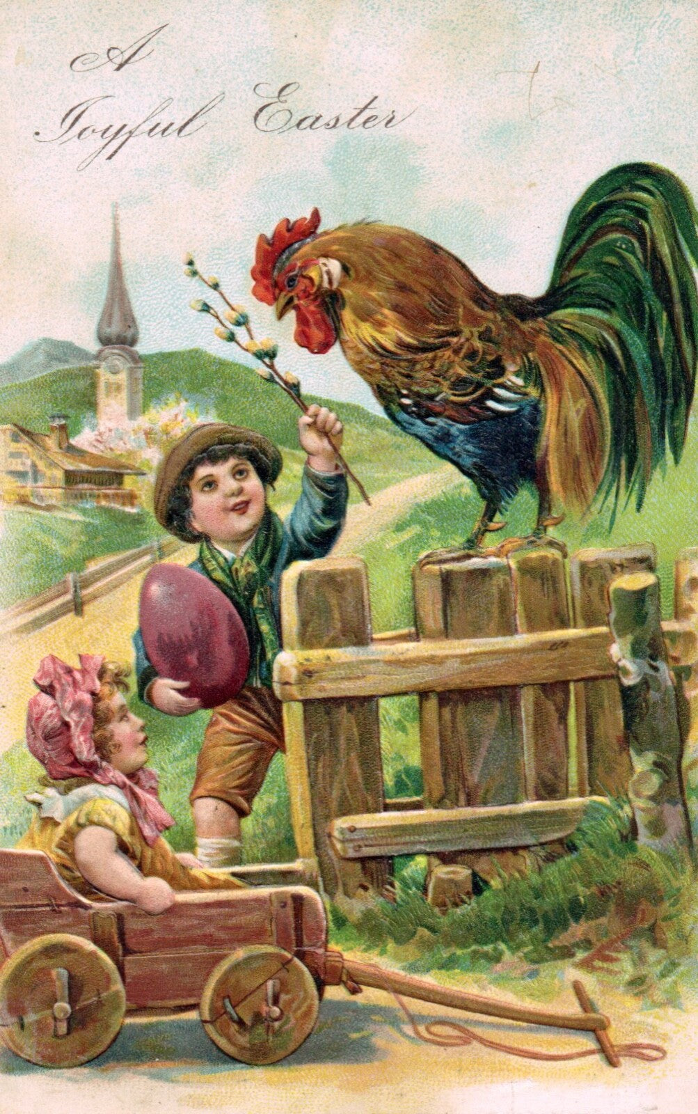 A Joyful Easter Children Playing with Rooster Embossed Vintage Easter Postcard