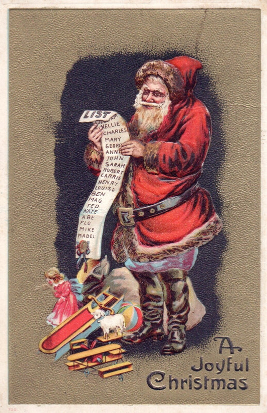 A Joyful Christmas Santa Reading His Nice List Gold Gilt Vintage Santa Postcard
