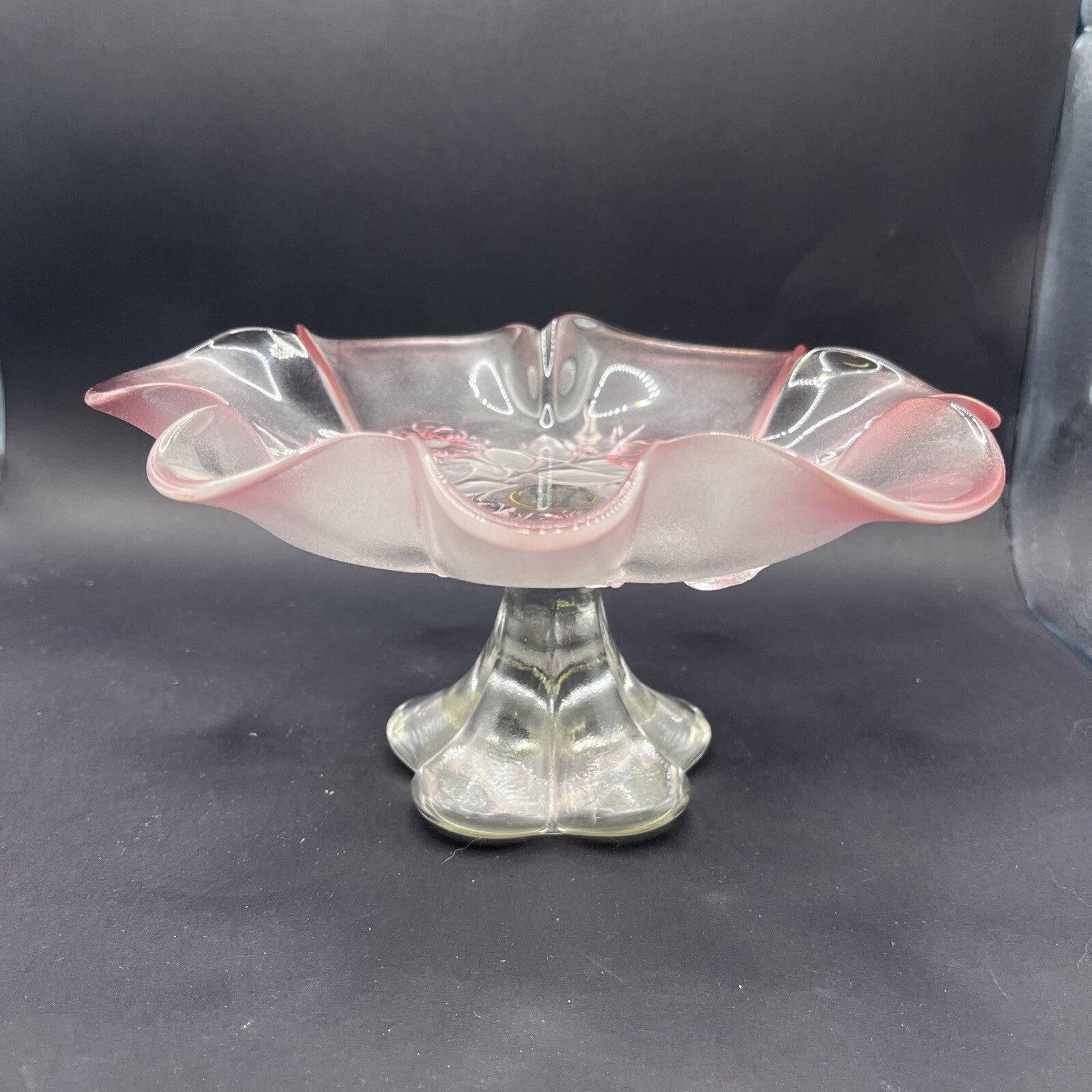 Glass Footed Candy Dish - 2 Tone Pink and Clear, Flowers Leaves Hummingbirds 8”
