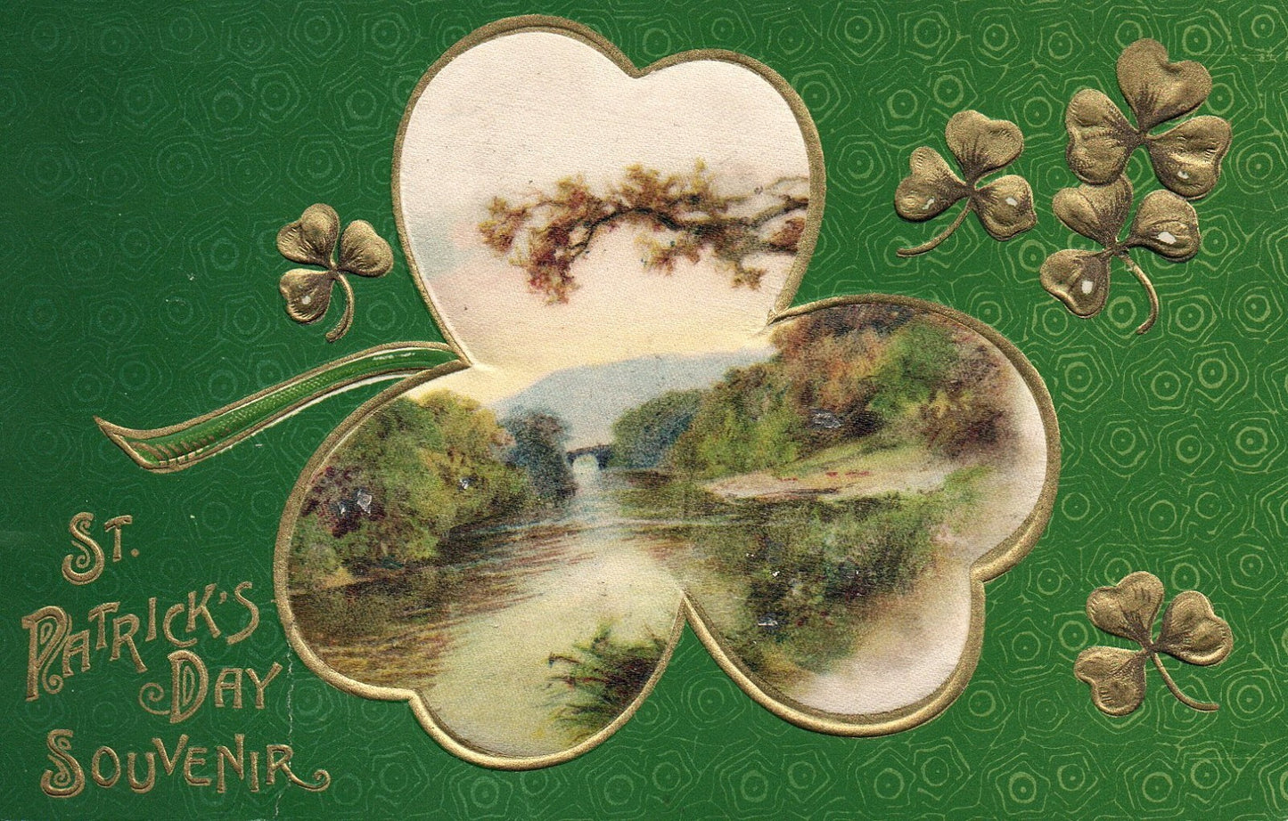 John Winsch   St Pats Post Card   Landscape inside Gold Embossed Clover