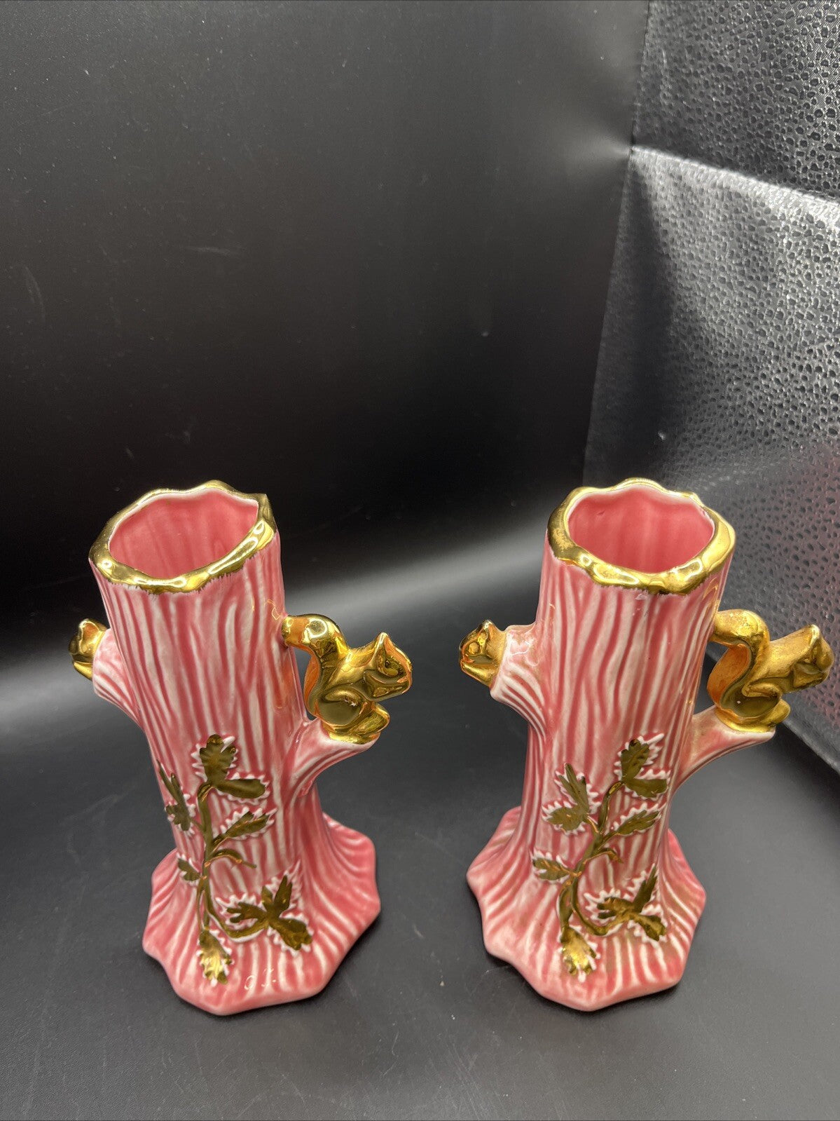 Vintage Pair Pink 22K Gold Holley Ross Squirrels in Tree Trunk Bud Vase 6" Tall