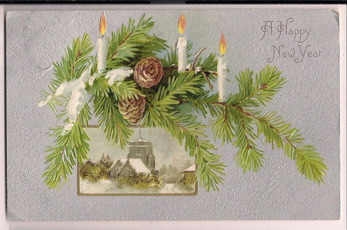 Early Nash New Year Candles on Pine branch with cones scenic postcard