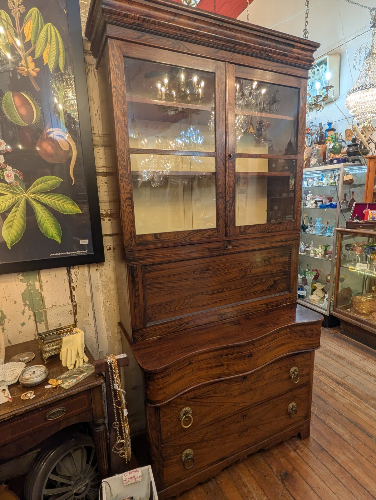 Victorian Antique Rosewood Grained Walnut Secretary Desk & Bookcase