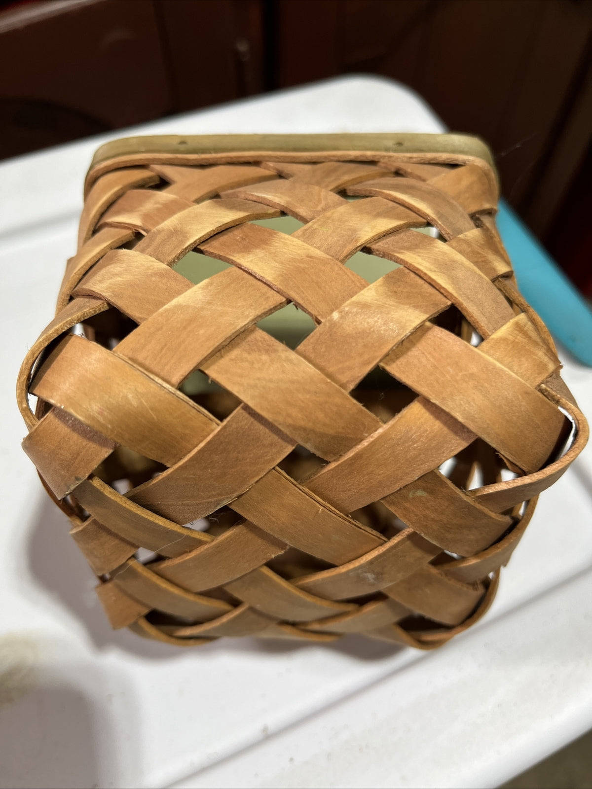 Vintage small Brown Woven Basket With Horses On Cover RARE. 4” X 4”, 4”