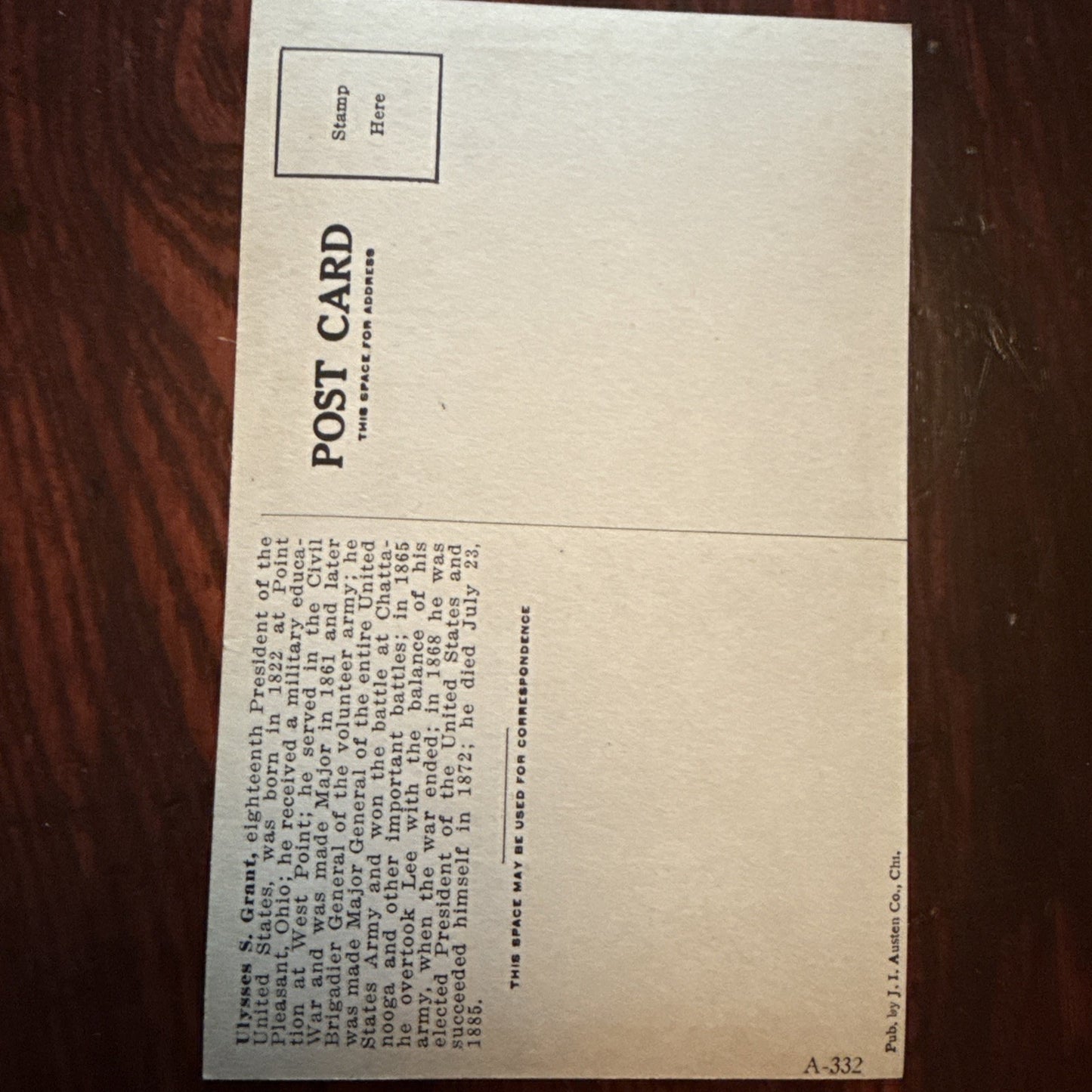 Ulysses S Grant by J I Austen Postcard Eagle & Flags c1910's *Scarce