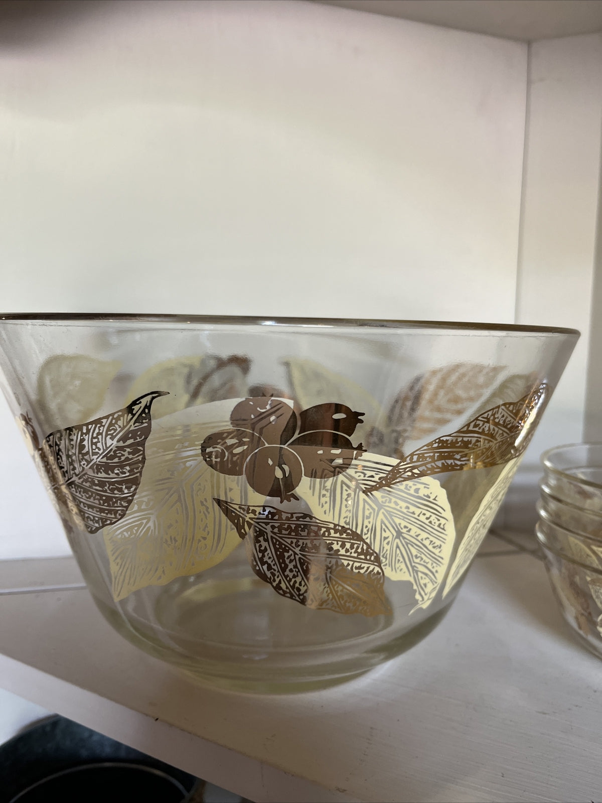 Vintage MCM Chip ‘n Dip Glass Salad Bowl Set Gold Leaf/Olive Design