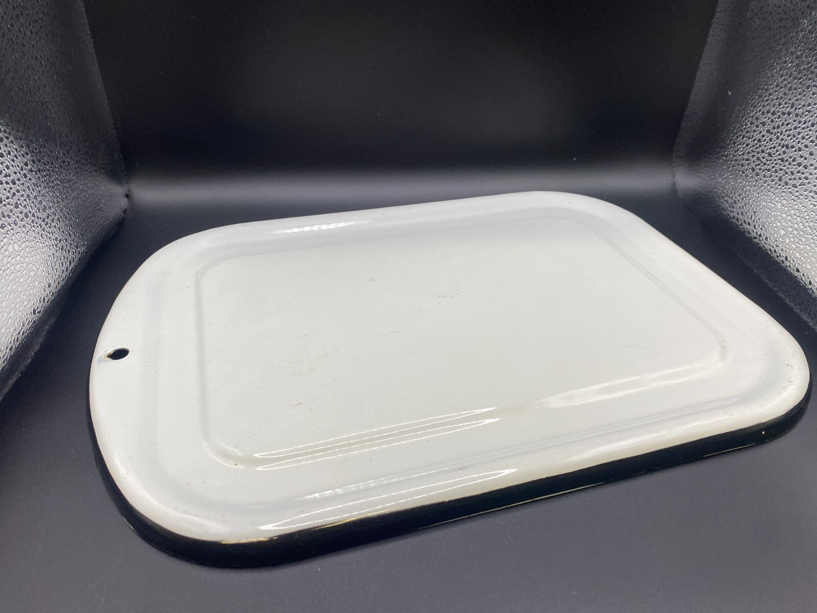 VTG Enamelware Refrigerator Box Lid White Black edge Enamel 13” x 9.5"