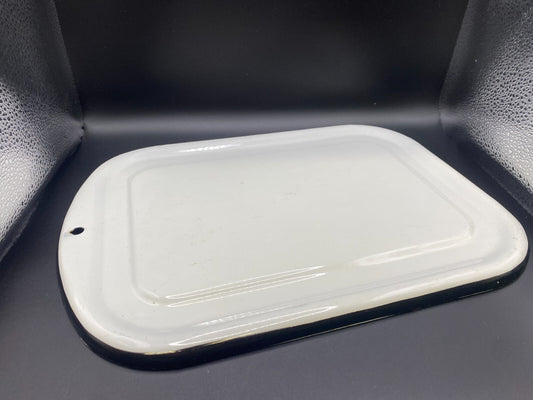 VTG Enamelware Refrigerator Box Lid White Black edge Enamel 13” x 9.5"