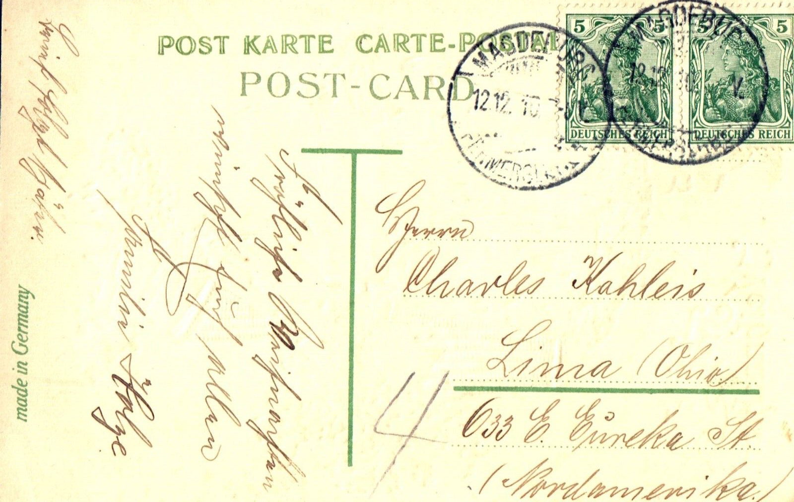 Foreign Xmas Greetings Gold Gilt Santa Carrying Holly & Toys Santa Postcard