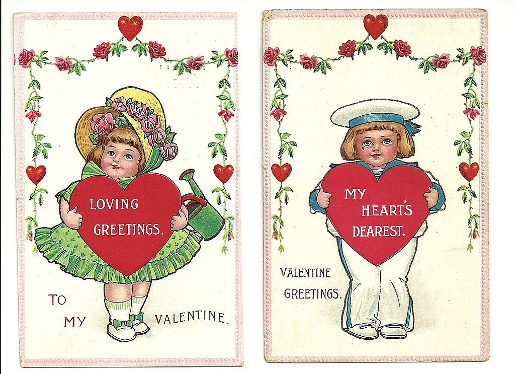 Set of 2 Boy Sailor Hat Girl Green Dress Water Can Roses Valentine Postcard 406