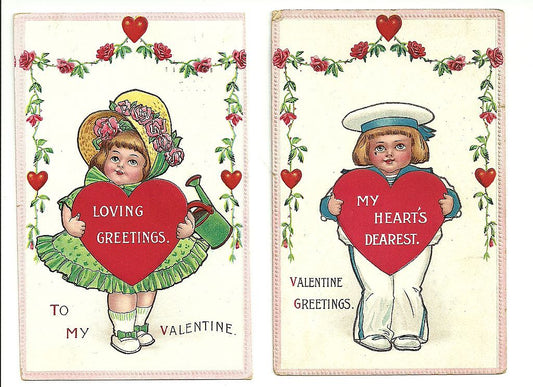 Set of 2 Boy Sailor Hat Girl Green Dress Water Can Roses Valentine Postcard 406