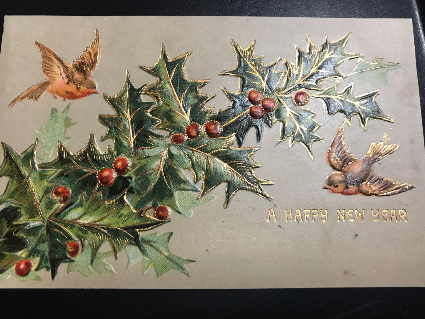New Year Holiday Birds with Holly Embossed Gold Gilt Postcard