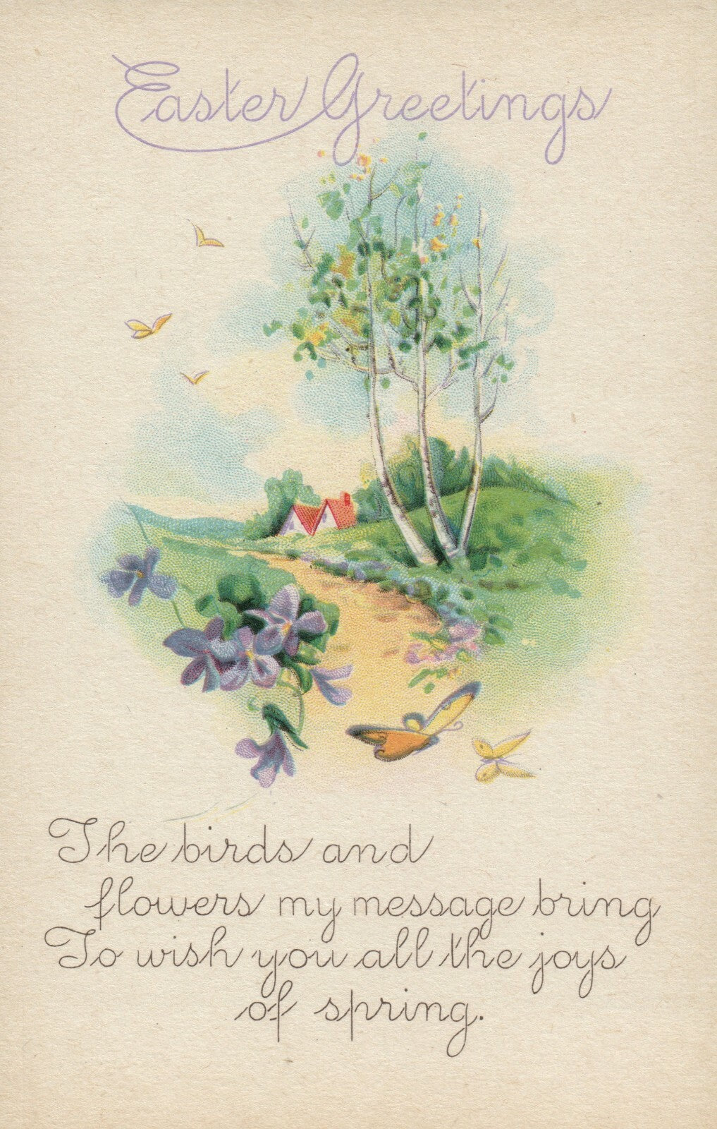 Easter Greetings Spring Day Butterflies Flowers Poem Easter Postcard