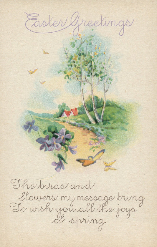 Easter Greetings Spring Day Butterflies Flowers Poem Easter Postcard