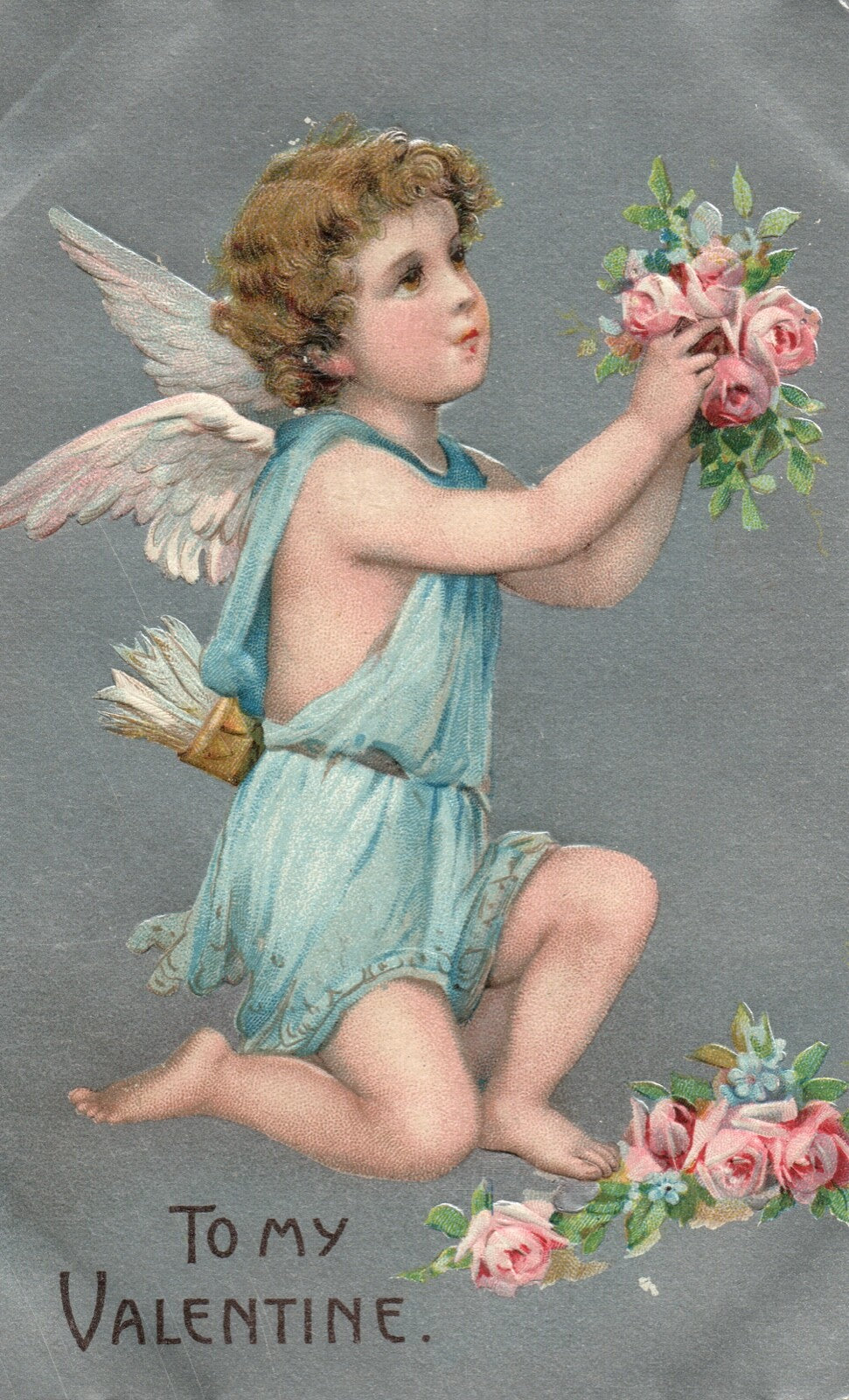Vintage Cupid Angel in Blue Presents Pink Roses To My Valentine Postcard
