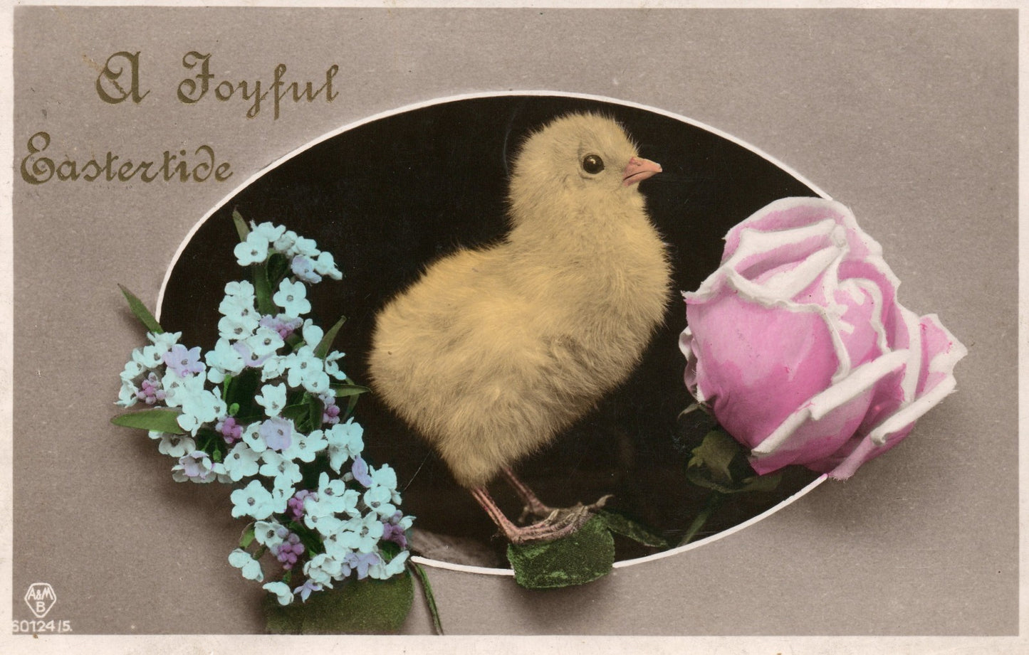Chick placed Next To Pink Rose and Blue Flowers Joyful Easter Postcard