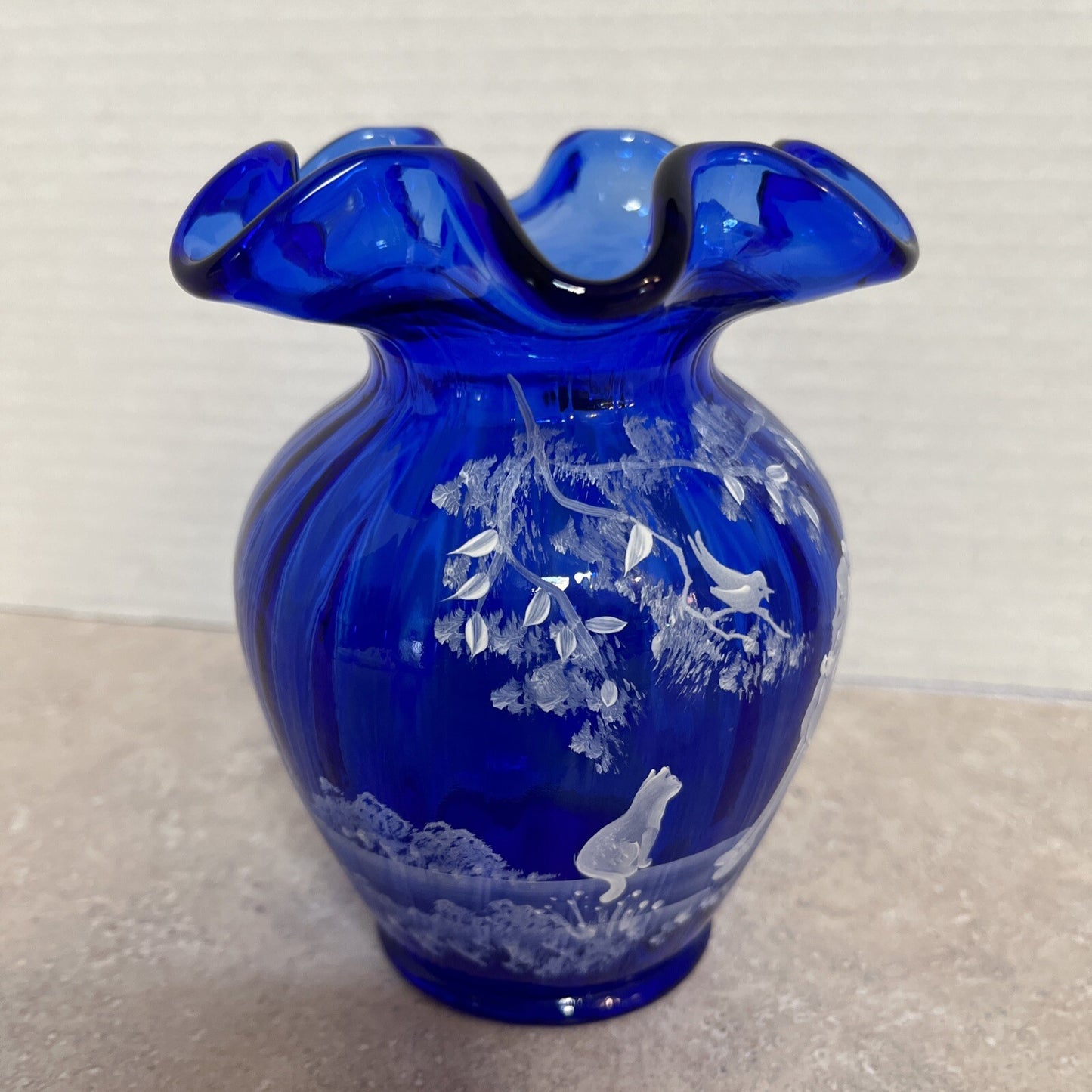 Sue Fenton MARY GREGORY COBALT BLUE VASE Girl Bird Watching W/ Cat 5.75” Signed