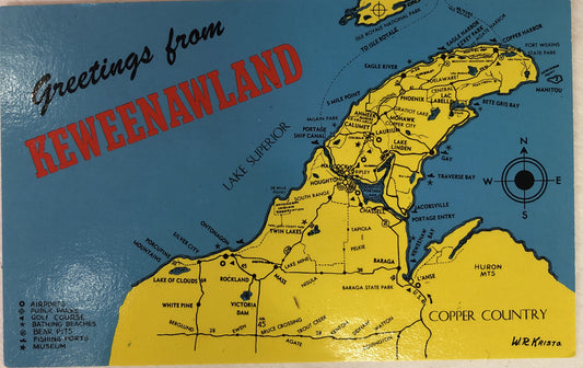 Greetings Keweenawland Copper Country Upper Peninsula Michigan MI Postcard Map